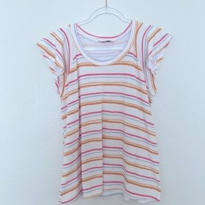 Boutique blouse - blue pink and dreamsicle orange scoop neck top.